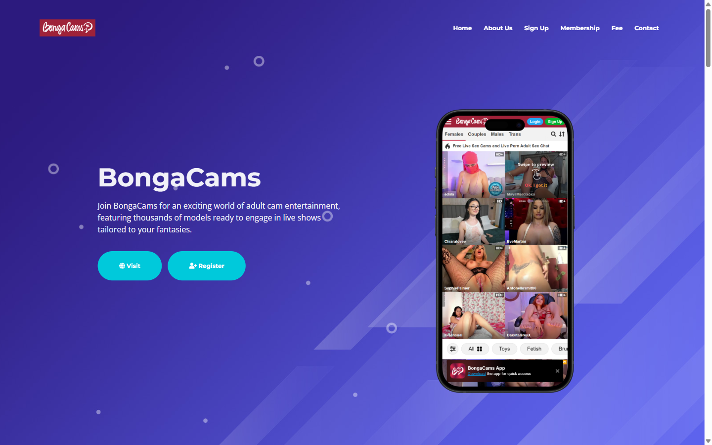BongaCams homepage showing live cam model grid with category filters