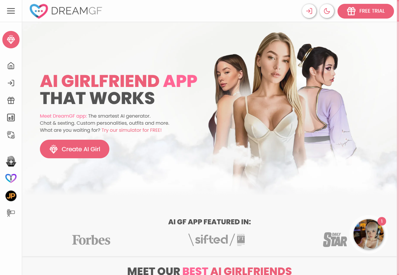 DreamGF AI homepage showing AI girlfriend creation interface