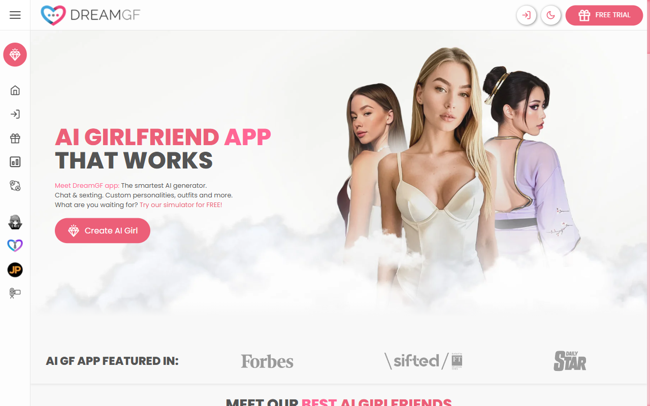 FantasyGF AI homepage showing AI girlfriend character selection and roleplay options