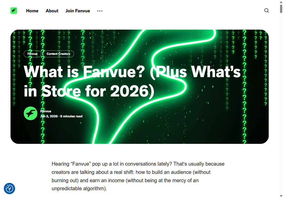 Fanvue platform homepage showing creator content and AI features
