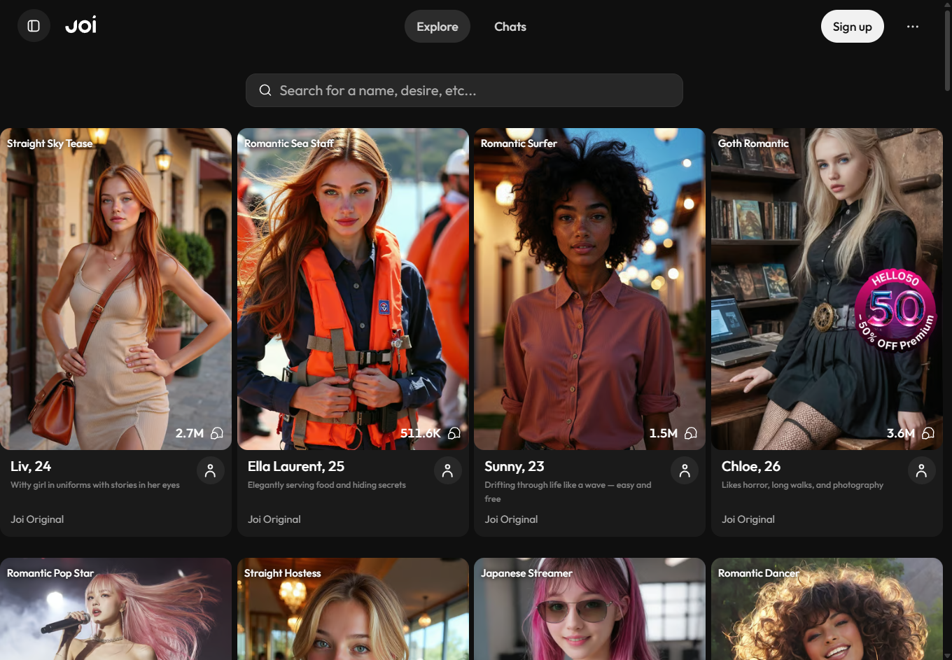 Joi AI homepage showing character grid with AI companions like Liv, Ella Laurent, Sunny, and Chloe