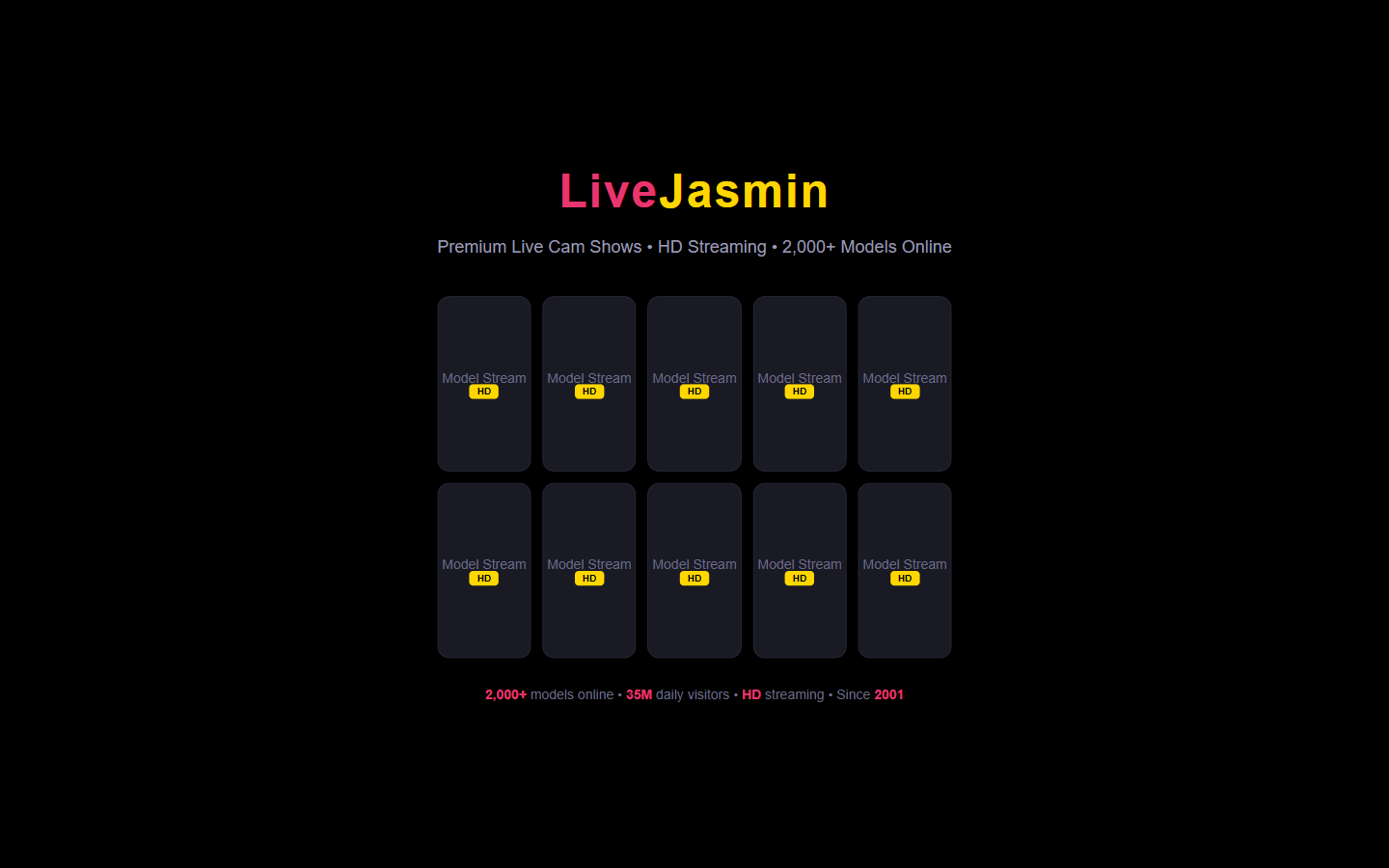LiveJasmin homepage showing live cam model grid with HD streaming badges