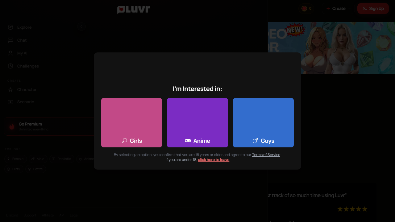 Luvr AI homepage showing character selection and age verification interface
