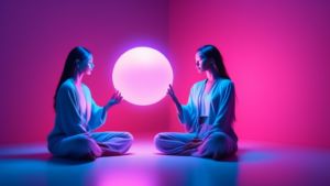 A photorealistic image of a person meditating peacefully with a glowing orb companion floating at their side, providing emotional support.
