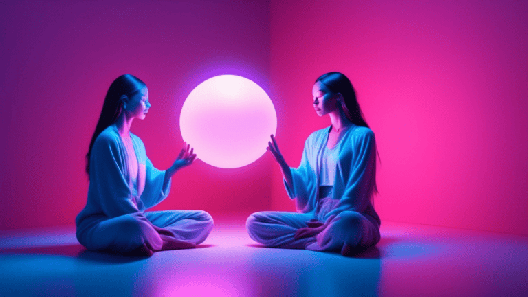 A photorealistic image of a person meditating peacefully with a glowing orb companion floating at their side, providing emotional support.