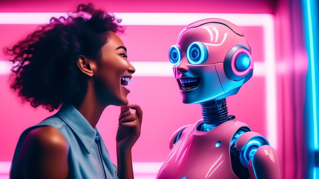 A photorealistic image of a person laughing and talking with a friendly robot.