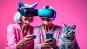 A photorealistic image of an elderly person wearing a VR headset, smiling and interacting with a virtual companion that looks like a pet cat.