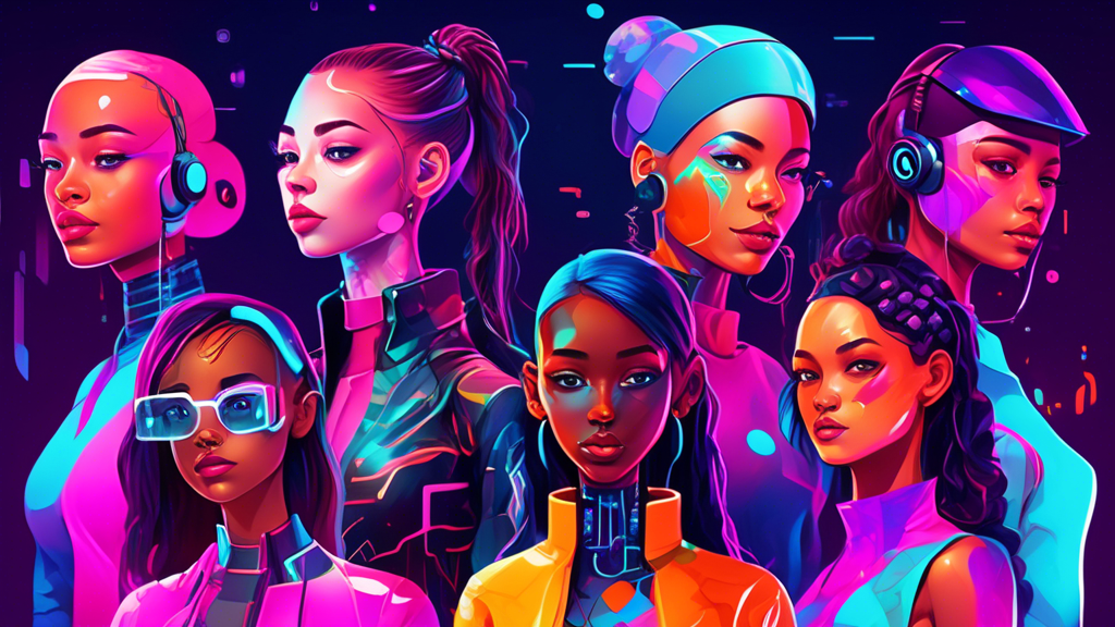 Digital artwork of a futuristic interface showing various avatars of AI girlfriends, each avatar presenting diverse ethnicities and styles, set in a colorful, cyberpunk-inspired virtual dating platfor